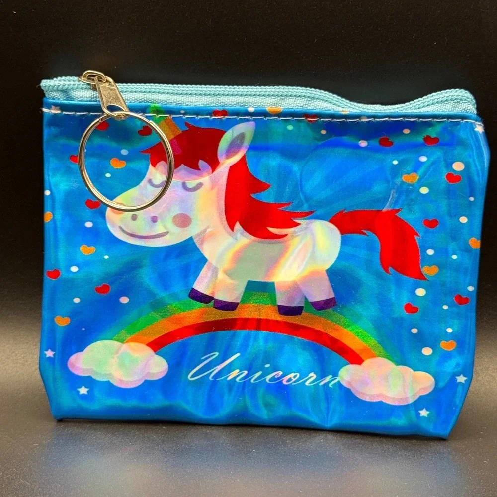 Kids Blue Holographic Unicorn Rainbow Zipper Coin Purse Pouch Mini Bag